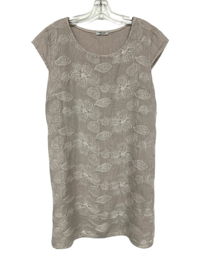 Puro Lino ecru linen embroidered floral dress L pockets Neutral Quiet Luxury